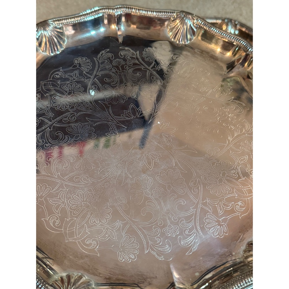 Vintage Silver Tone Embossed Gallery Tray Set Scalloped Edge Patina Decor - Picture 7 of 10